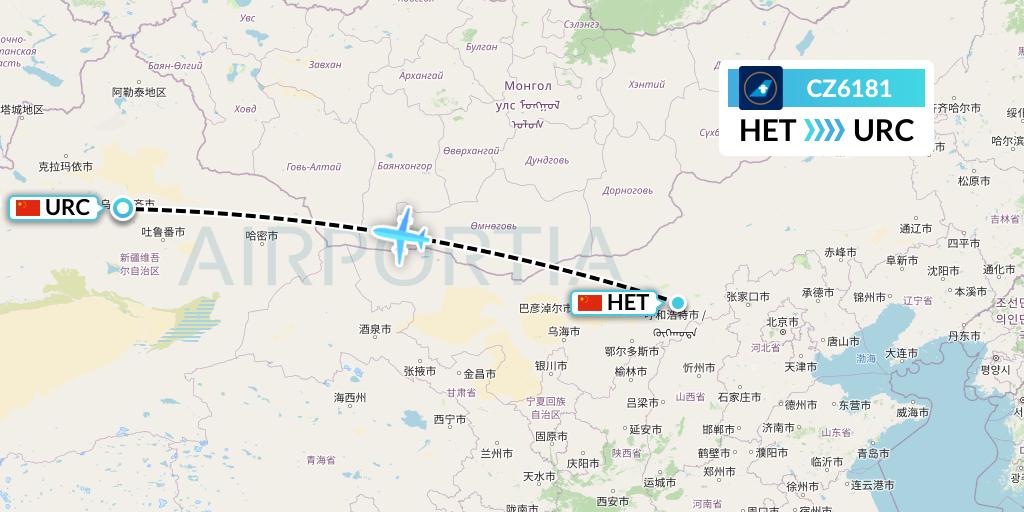 CZ6181 China Southern Airlines Flight Map: Hohhot to Urumqi