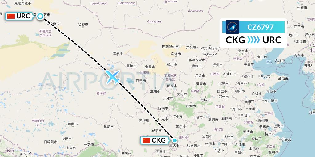 CZ6797 China Southern Airlines Flight Map: Chongqing to Urumqi
