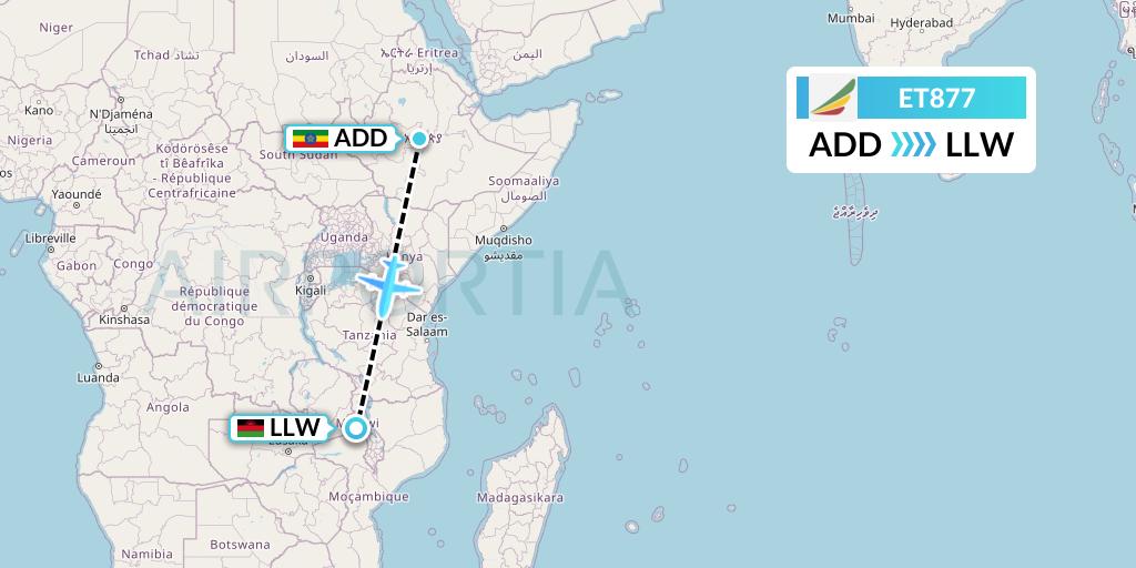 ET877 Ethiopian Airlines Flight Map: Addis Ababa to Lilongwe