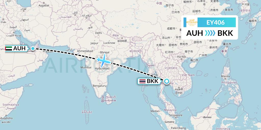 EY406 Etihad Airways Flight Map: Abu Dhabi to Bangkok