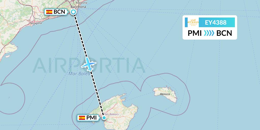 EY4388 Etihad Airways Flight Map: Palma de Mallorca to Barcelona