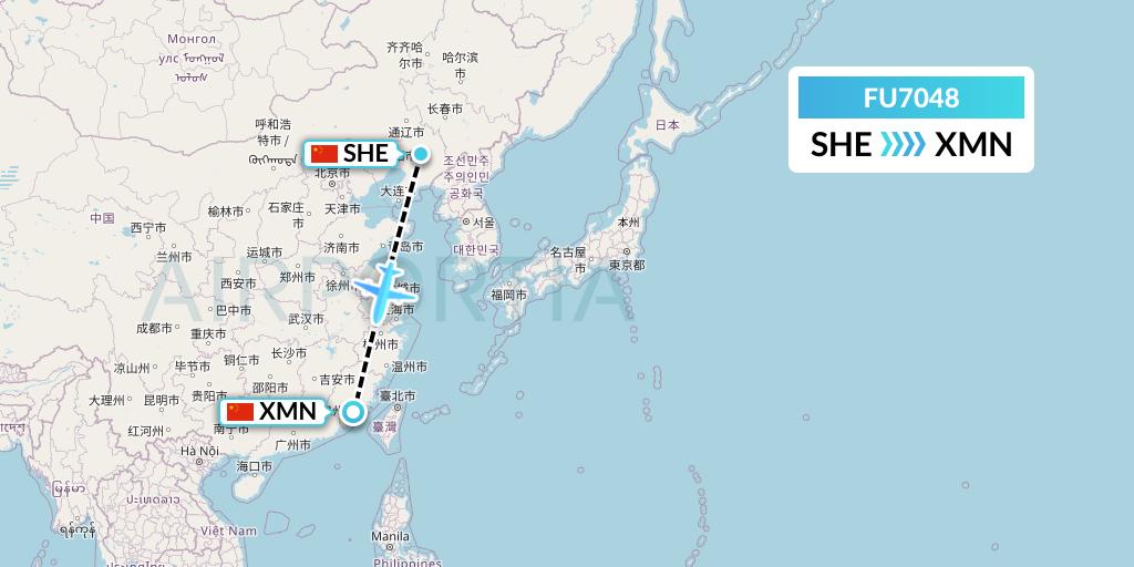 FU7048 Fuzhou Airlines Flight Map: Shenyang to Xiamen