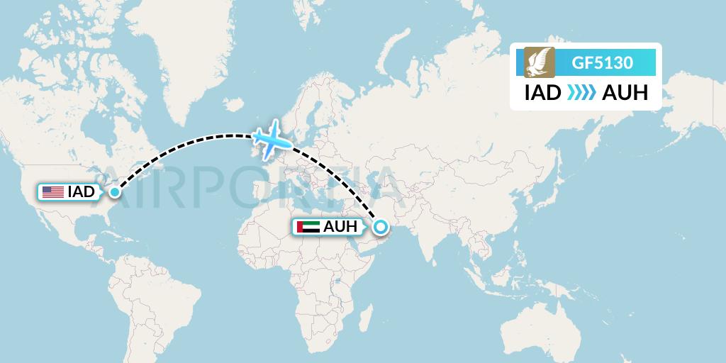 GF5130 Gulf Air Flight Map: Washington to Abu Dhabi