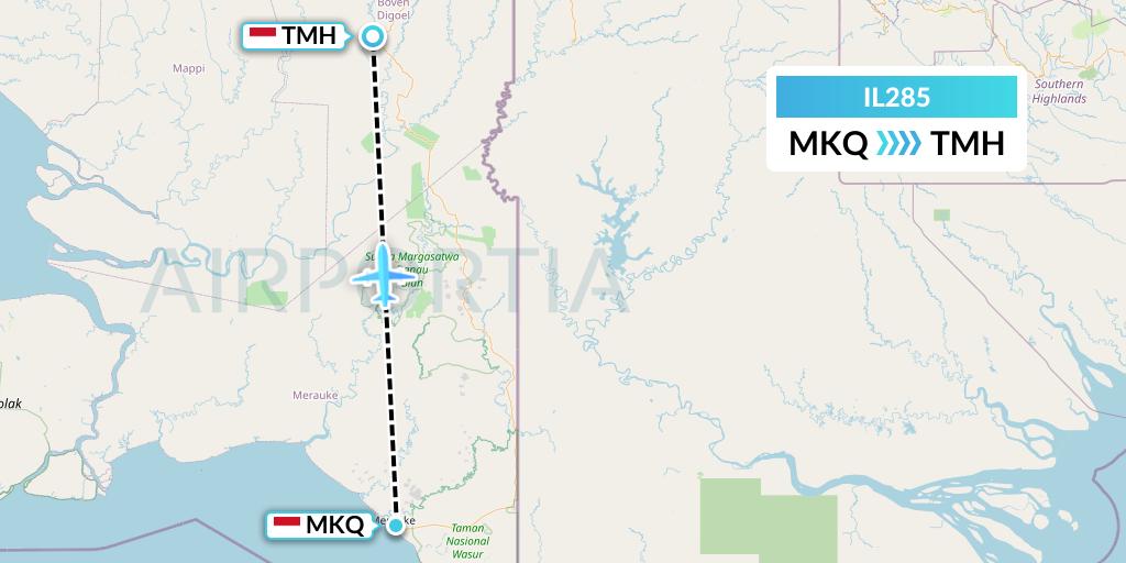 IL285 Trigana Air Service Flight Map: Merauke-Papua Island to Tanah Merah-Papua Island
