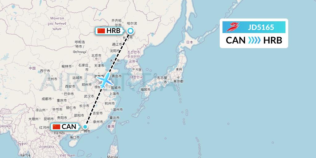 JD5165 Capital Airlines Flight Map: Guangzhou to Harbin