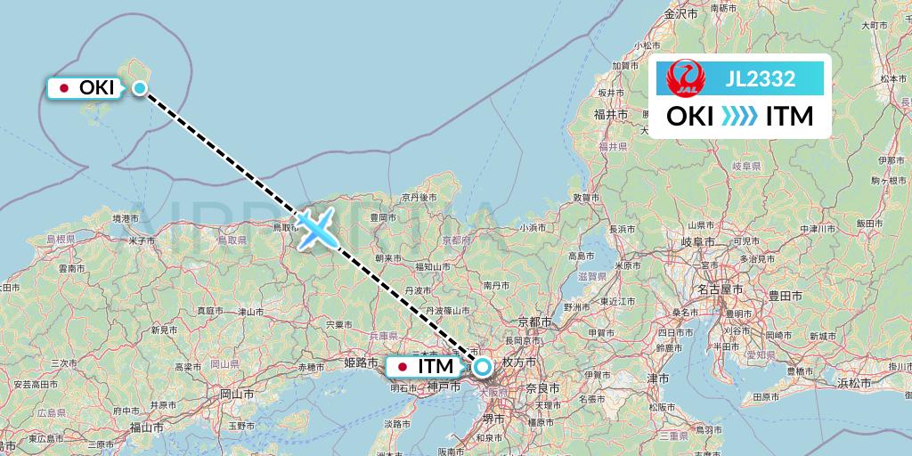 JL2332 Japan Airlines Flight Map: Okinoshima to Osaka