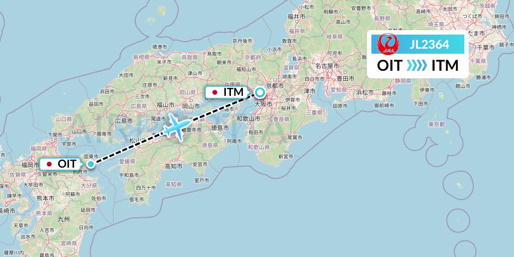 JL2364 Japan Airlines Flight Map: Oita to Osaka