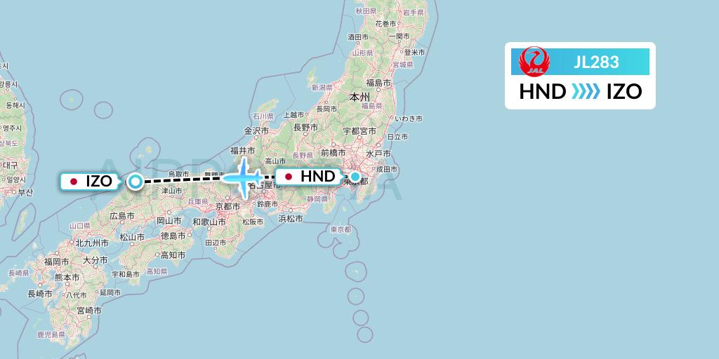 JL283 Japan Airlines Flight Map: Tokyo to Izumo