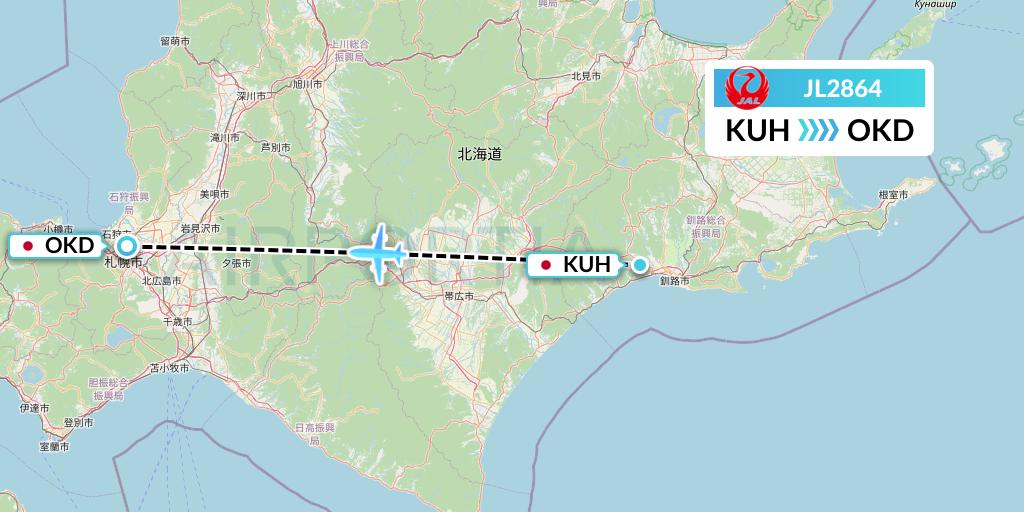 JL2864 Japan Airlines Flight Map: Kushiro to Sapporo