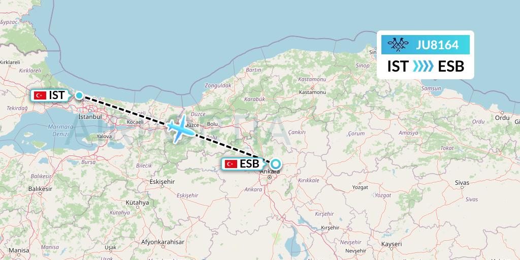 JU8164 AirSERBIA Flight Map: Istanbul to Ankara
