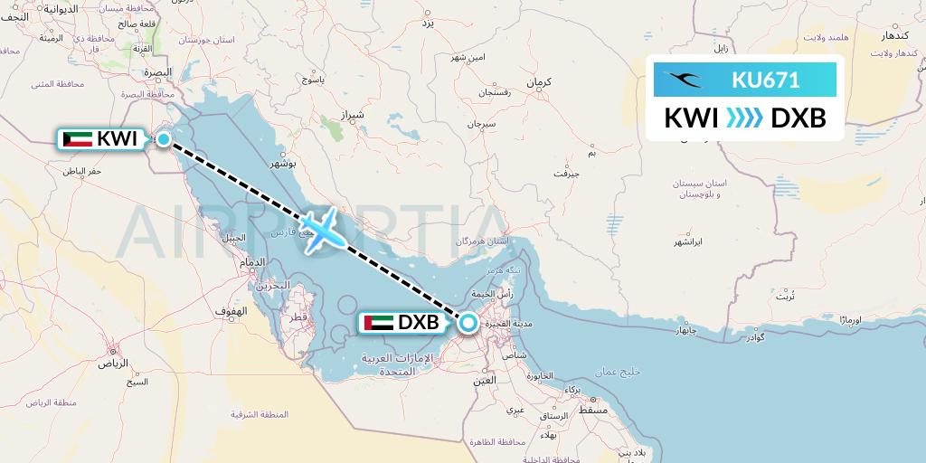KU671 Kuwait Airways Flight Map: Kuwait City to Dubai