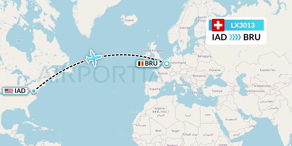 LX3013 Swiss Flight Map: Washington to Brussels