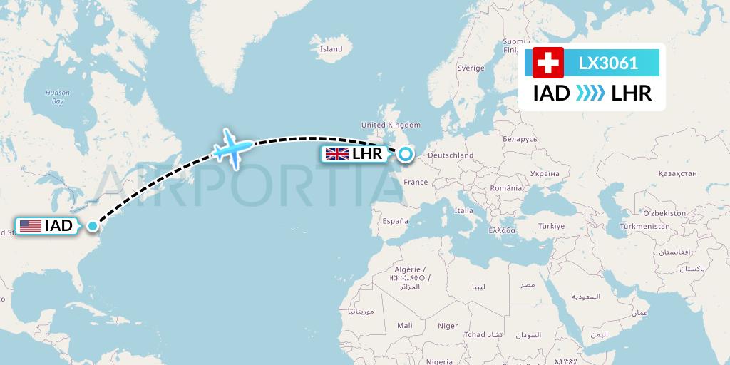 LX3061 Swiss Flight Map: Washington to London