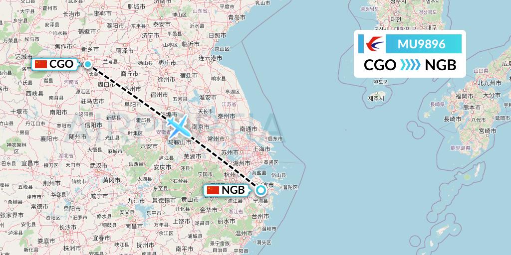 MU9896 China Eastern Airlines Flight Map: Zhengzhou to Ningbo