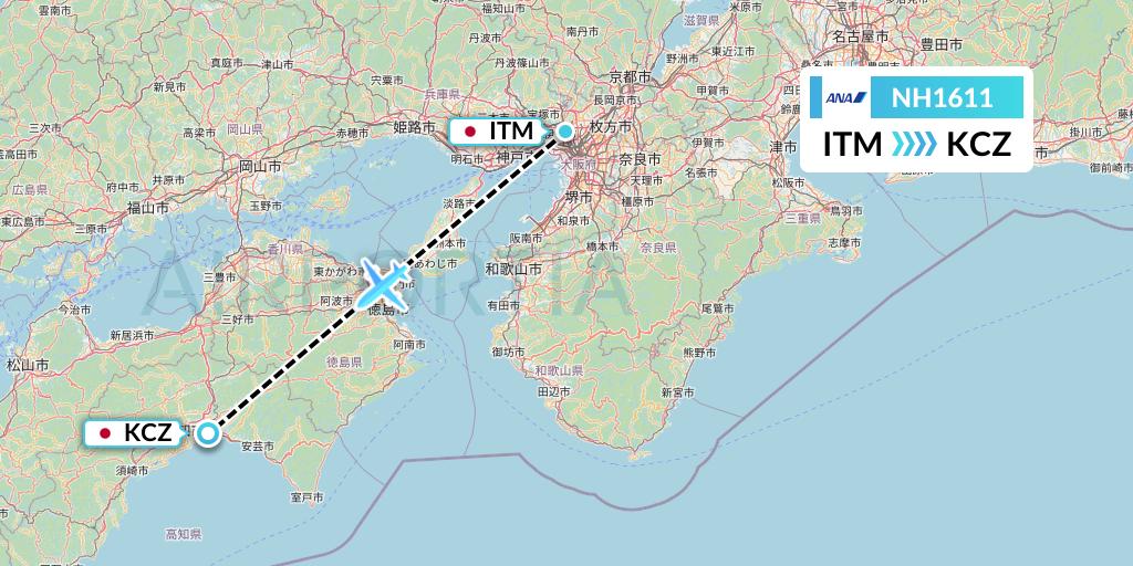 NH1611 All Nippon Airways Flight Map: Osaka to Nankoku