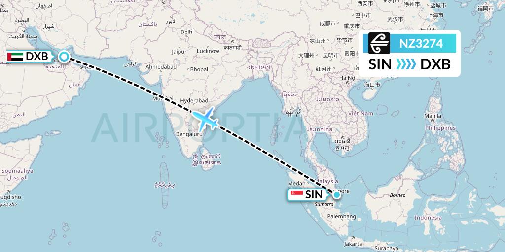 NZ3274 Air New Zealand Flight Map: Singapore to Dubai