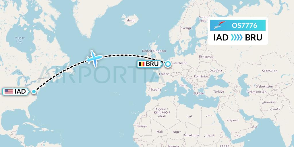 OS7776 Austrian Airlines Flight Map: Washington to Brussels