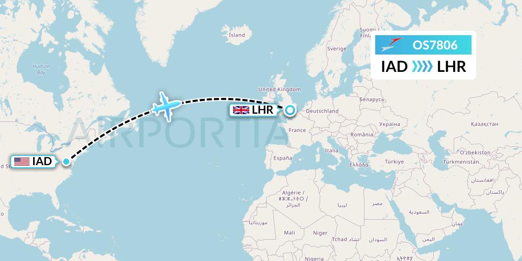 OS7806 Austrian Airlines Flight Map: Washington to London