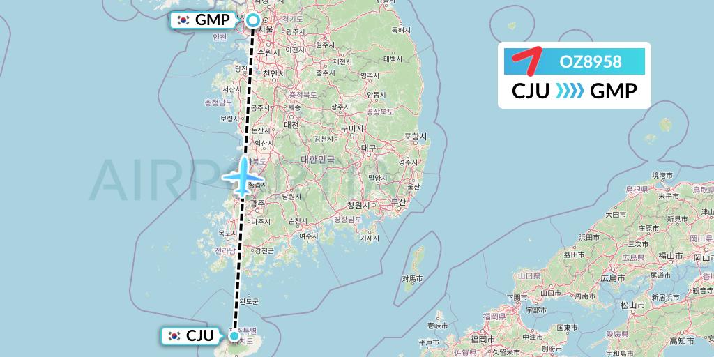 OZ8958 Asiana Airlines Flight Map: Jeju to Seoul
