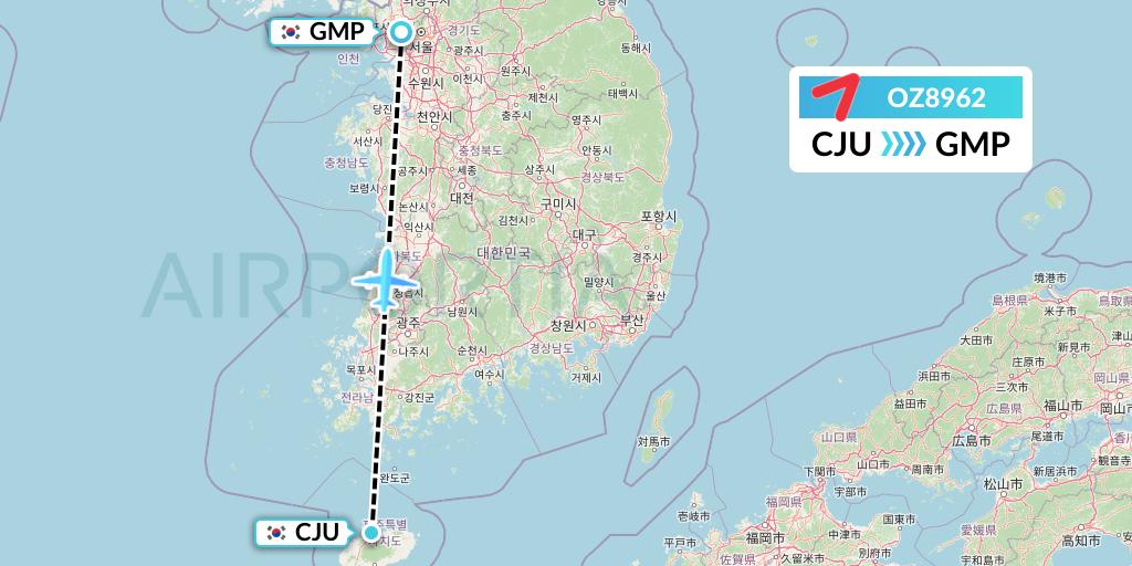 OZ8962 Asiana Airlines Flight Map: Jeju to Seoul