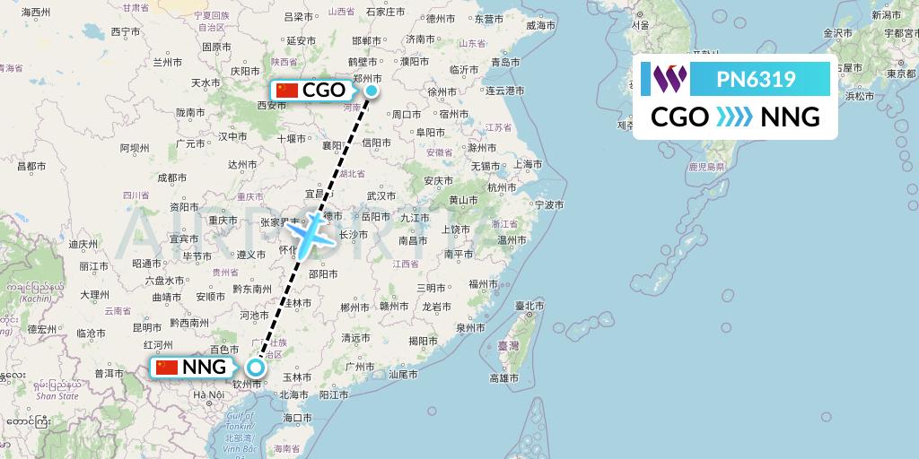 PN6319 China West Air Flight Map: Zhengzhou to Nanning