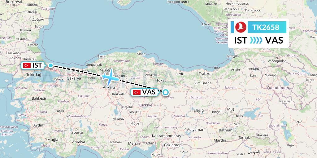 TK2658 Turkish Airlines Flight Map: Istanbul to Sivas