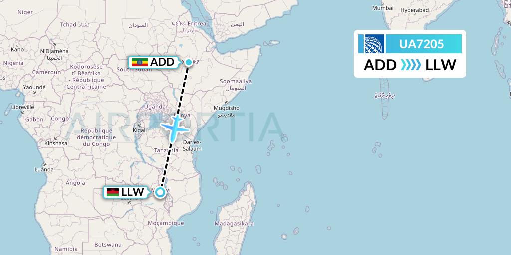 UA7205 United Airlines Flight Map: Addis Ababa to Lilongwe