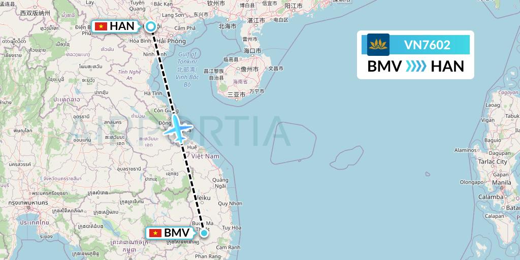 VN7602 Vietnam Airlines Flight Map: Buon Ma Thuot to Hanoi