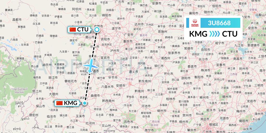 3U8668 Sichuan Airlines Flight Map: Kunming to Chengdu