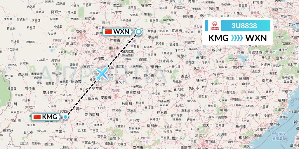 3U8838 Sichuan Airlines Flight Map: Kunming to Wanzhou