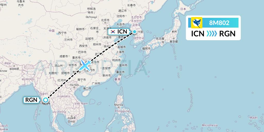 8M802 Myanmar Airways International Flight Map: Seoul to Yangon