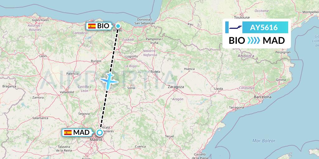 AY5616 Finnair Flight Map: Bilbao to Madrid