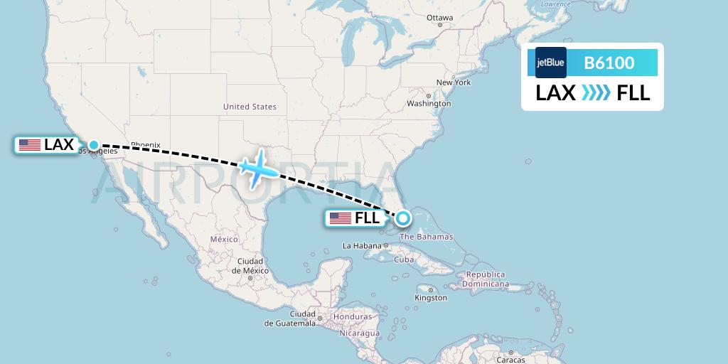 B6100 JetBlue Airways Flight Map: Los Angeles to Fort Lauderdale