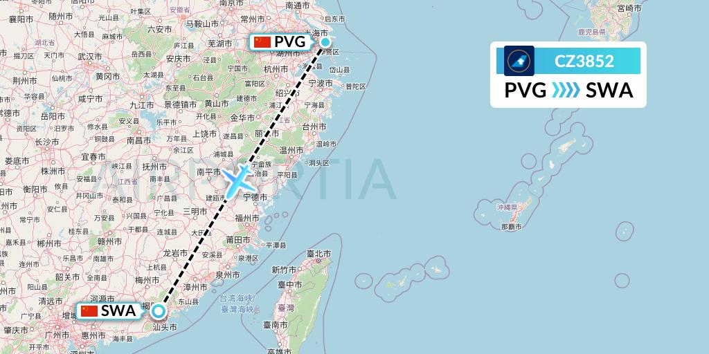 CZ3852 China Southern Airlines Flight Map: Shanghai to Jieyang