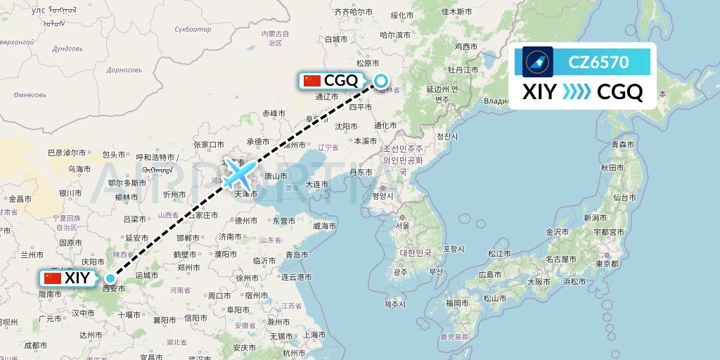 CZ6570 China Southern Airlines Flight Map: Xi'an to Changchun