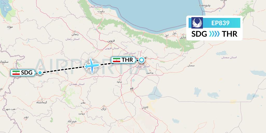 EP839 Iran Aseman Airlines Flight Map: Sanandaj to Tehran