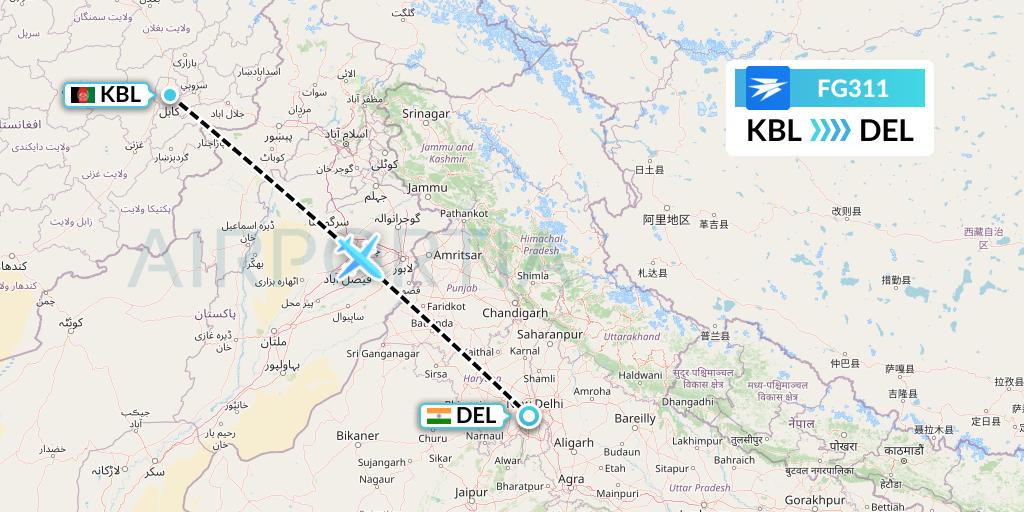 FG311 Ariana Afghan Airlines Flight Map: Kabul to Delhi