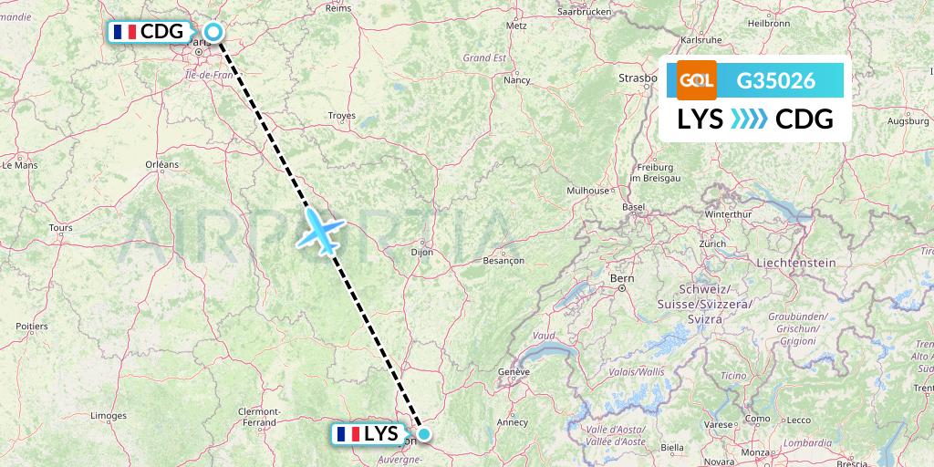 G35026 GOL Transportes Aeros Flight Map: Lyon to Paris