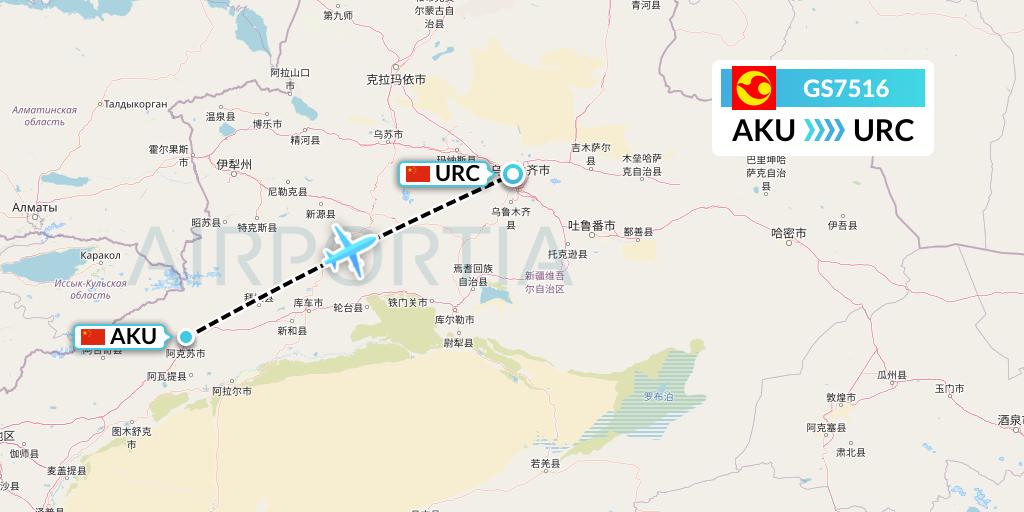 GS7516 Tianjin Airlines Flight Map: Aksu to Urumqi