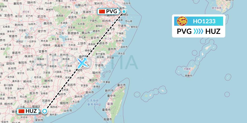 HO1233 Juneyao Airlines Flight Map: Shanghai to Huizhou