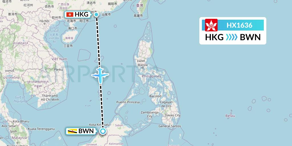 HX1636 Hong Kong Airlines Flight Map: Hong Kong to Brunei