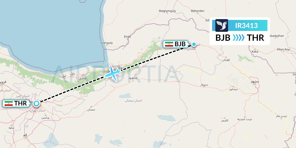 IR3413 Iran Air Flight Map: Bojnord to Tehran