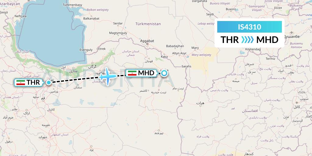IS4310 Sepehran Airlines Flight Map: Tehran to Mashhad