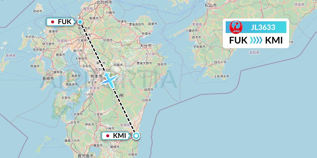 JL3633 Japan Airlines Flight Map: Fukuoka to Miyazaki