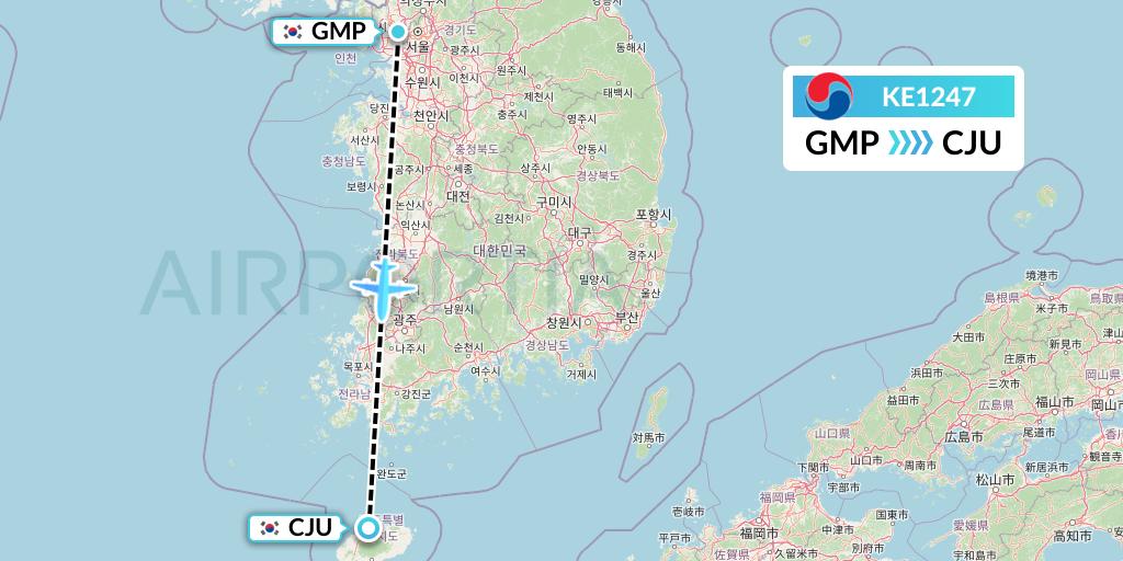 KE1247 Korean Air Flight Map: Seoul to Jeju