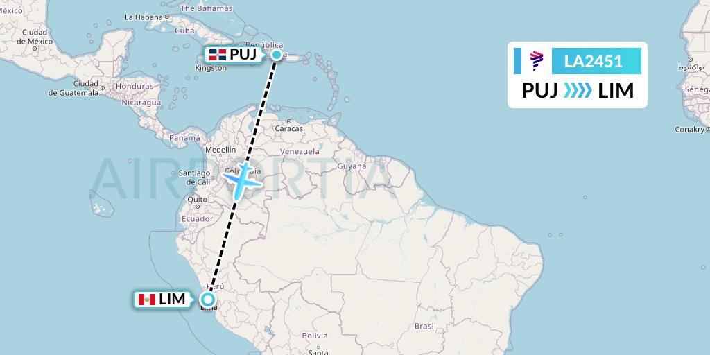LA2451 LAN Airlines Flight Map: Punta Cana to Lima
