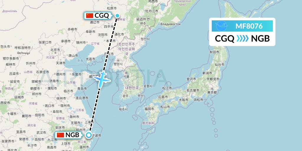 MF8076 Xiamen Airlines Flight Map: Changchun to Ningbo