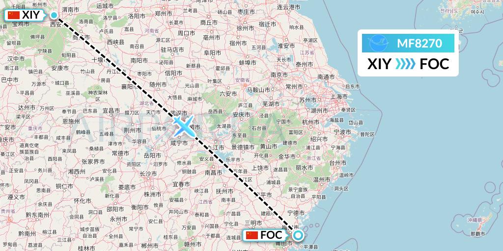 MF8270 Xiamen Airlines Flight Map: Xi'an to Fuzhou