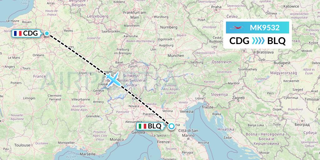 MK9532 Air Mauritius Flight Map: Paris to Bologna