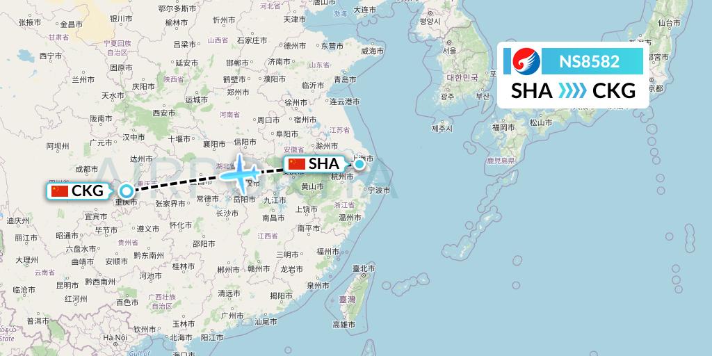 NS8582 Hebei Airlines Flight Map: Shanghai to Chongqing